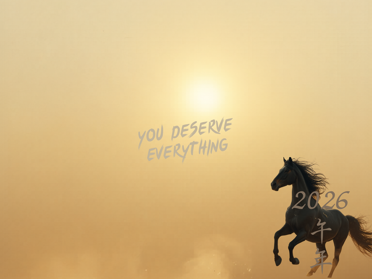 Golden Desert Galloping Horse - Wide sunrise with small horse on the horizon, text You Deserve Everything - Minimal desktop wallpaper