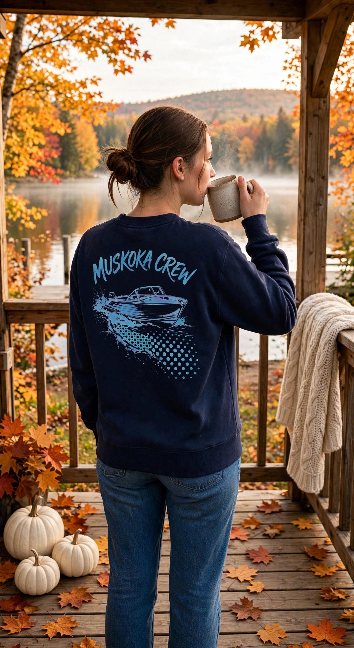 Sweat-shirt Muskoka Crew | Graphisme de bateau vintage, cadeau de pull style chalet de l'Ontario