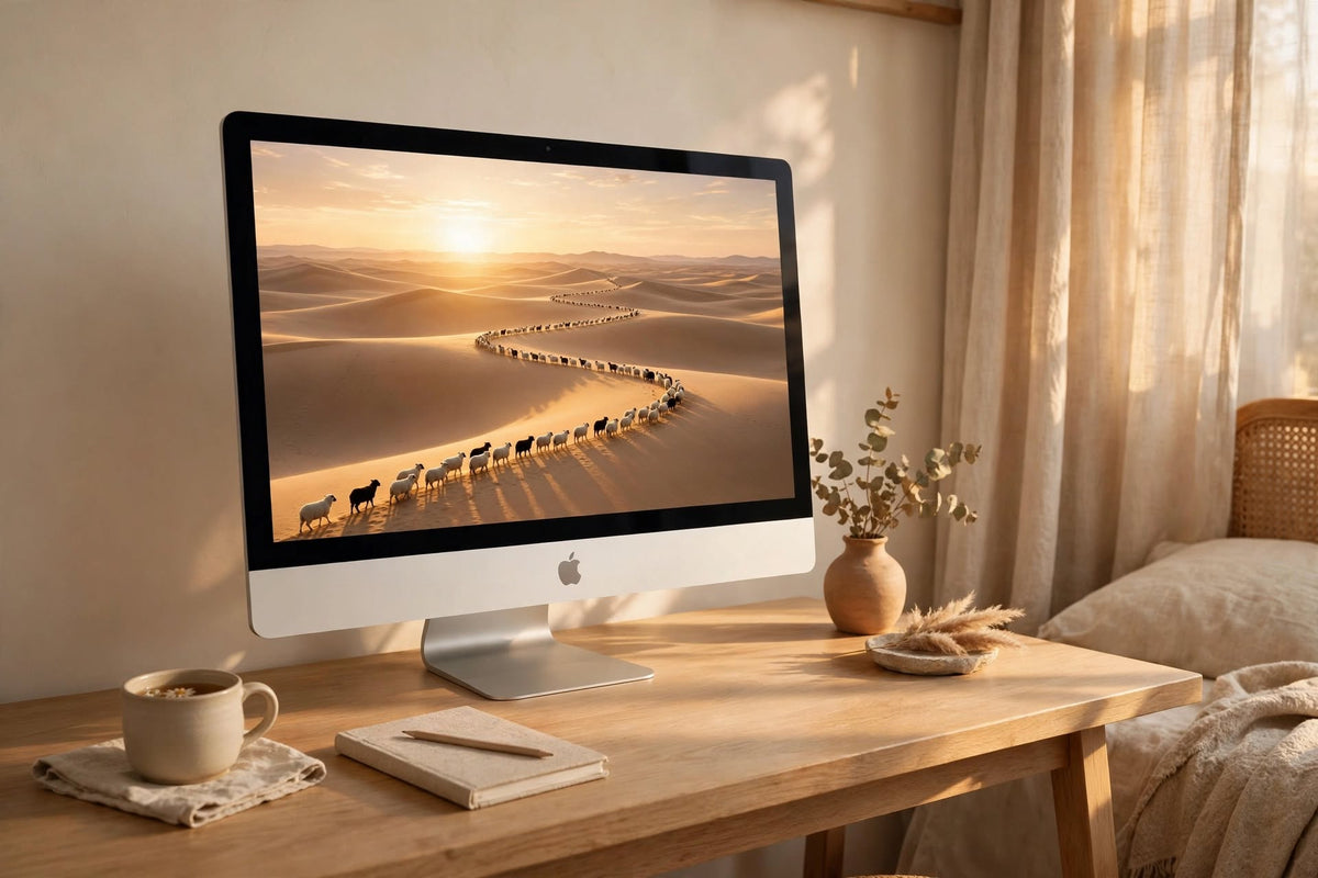 Golden Desert Counting Sheep - Healing Wallpaper