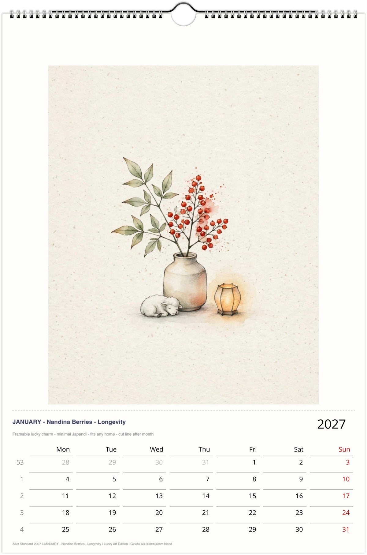 Calendrier artistique Japandi 2027 – Année du Mouton, impressions aquarelles encadrables (A3)